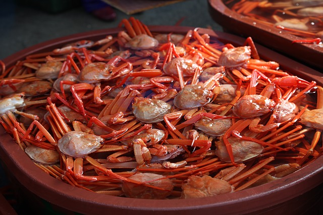 Bright overhead view of a large pale ceramic bowl holding warm orange shellfish, soft natural daylight, calm earthy mood